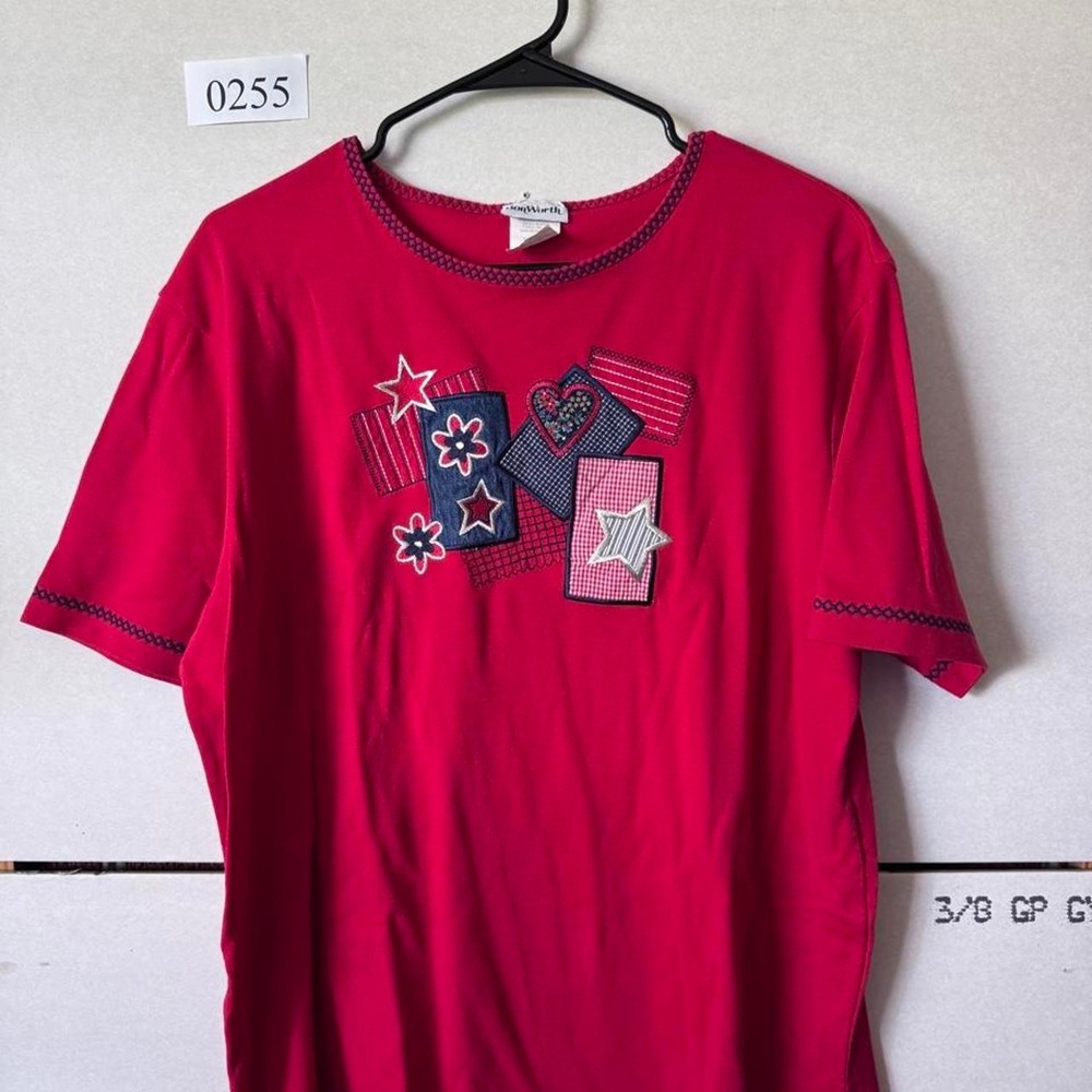 Red cotton & polyester t-shirt with embroidered patchwork